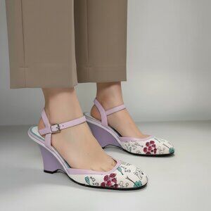 Nine West Leather Ankle Strap Wedge Pastel  Color Canvas Print Shoes